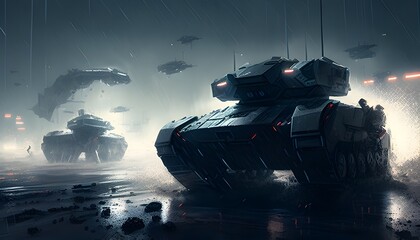 Cinimatic Dystopian War Zone with Sleek Heavily Armed Mech Suits and Tanks Clashing amidst Raging Thunderstorm