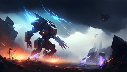 Awe Inspiring Futuristic Mech Battle in Turbulent Sci Fi Warzone Under Stormy Skies