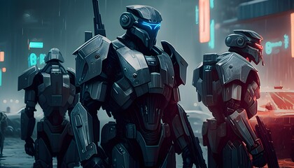 Advanced Armored Troopers Patrol Neon Lit Dystopian City at Night