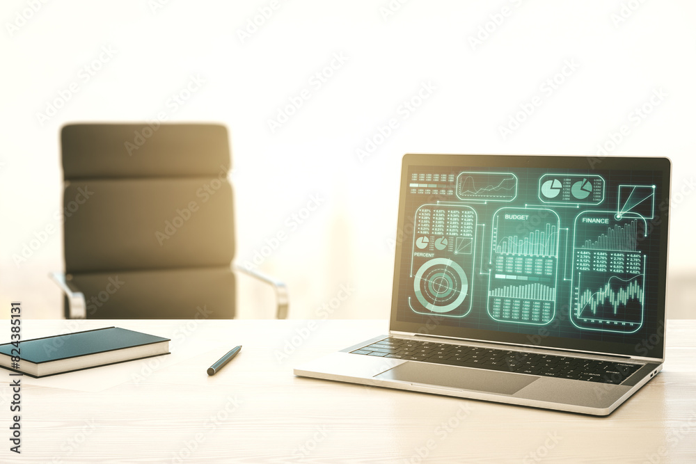 Poster Modern computer monitor with abstract statistics data hologram interface, computing and analytics concept. 3D Rendering