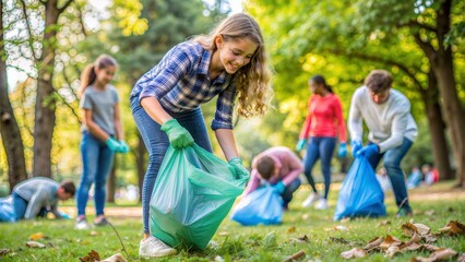 Teen Volunteer Cleaning Park – 16:9: A teenager enthusiastically picking up litter in a park, highlighting youth involvement and environmentalism.	
