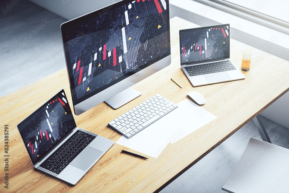 Poster Computer monitor with abstract creative financial graph with world map, financial and trading concept. 3D Rendering