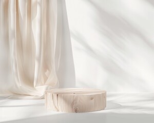 Minimalist Wooden Podium on White Background With Soft Beige Fabric and Natural Lighting for Product Display