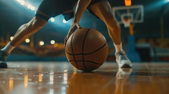 A dynamic low-angle close-up that captures the intensity of a basketball game, highlighting the player's hands and the ball
