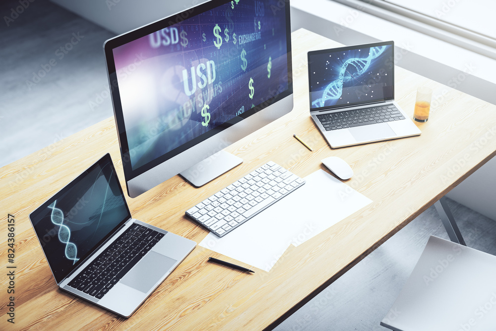 Poster creative concept of usd symbols illustration on modern laptop screen. trading and currency concept. 