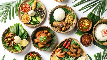 Authentic Indonesian Cuisine From Above - High Definition 8K Image on White Background