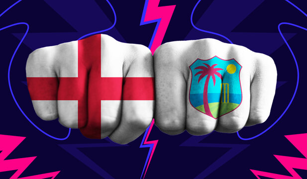 England VS West Indies T20 Cricket World Cup 2024 concept match template banner vector illustration design. Flags painted on hand with colorful background
