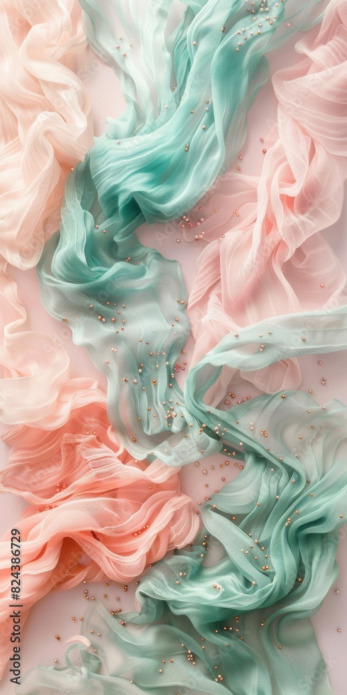Poster Soft Pastel Fabrics Flowing Elegantly with Tiny Golden Beads, Ideal for Background or Artistic Design Concepts