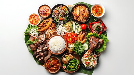 Authentic Indonesian Cuisine - Top View Realistic Group of Traditional Dishes on Plain White Background in Stunning HD 8K Quality