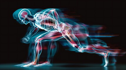 The 3D x ray highlights the muscular system displaying muscle contractions and the coordination between various muscle groups during physical activity.