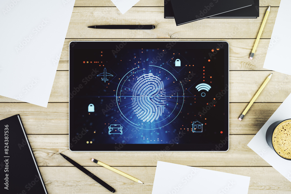 Fototapete Modern digital tablet monitor with abstract creative fingerprint hologram, research and development concept. Top view. 3D Rendering