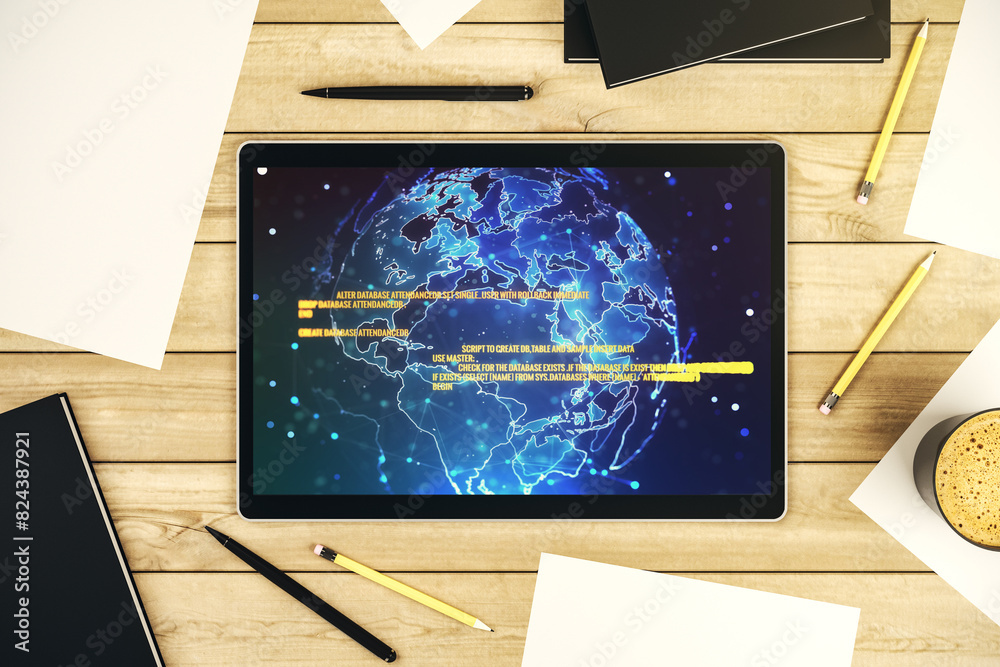 Leinwandbilder top view of modern digital tablet monitor with abstract programming language hologram and world map,