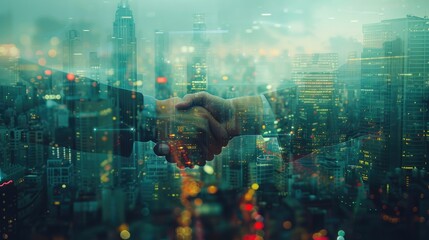 Businessmen Shaking Hands in Double Exposure with Urban City Background - Corporate Partnership Concept in Documentary Style