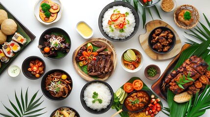 Authentic Indonesian Cuisine Collection from a Bird's Eye View on White Background in High Definition 8K Resolution