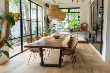 Modern solid wood dining table with black steel legs, large and long natural walnut wooden