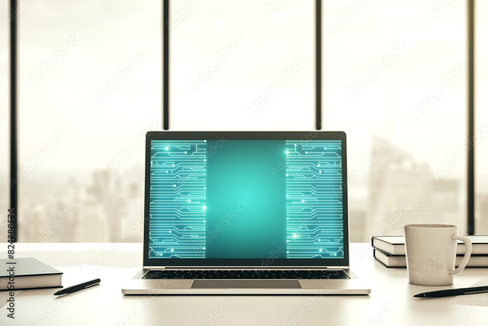 Leinwandbilder modern computer monitor with circuit hologram. research and development hardware concept. 3d renderi