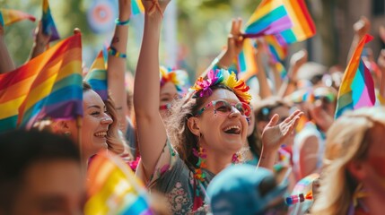 Crowd celebrating with rainbow flags at a public event