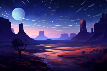 Low poly artwork, Stunning scene of a sacred desert landscape and silhouettes of rock formations under the moonlight, under a clear, starry night sky