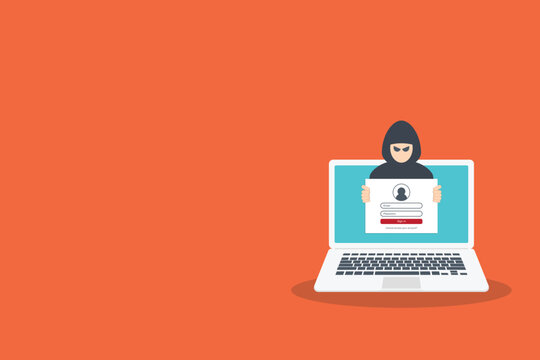 hacker stealing data from laptop, orange background clip art preview