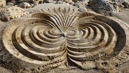 Swirling patterns of sand form a symmetrical design, sculpted by the wind and offering space for your words.