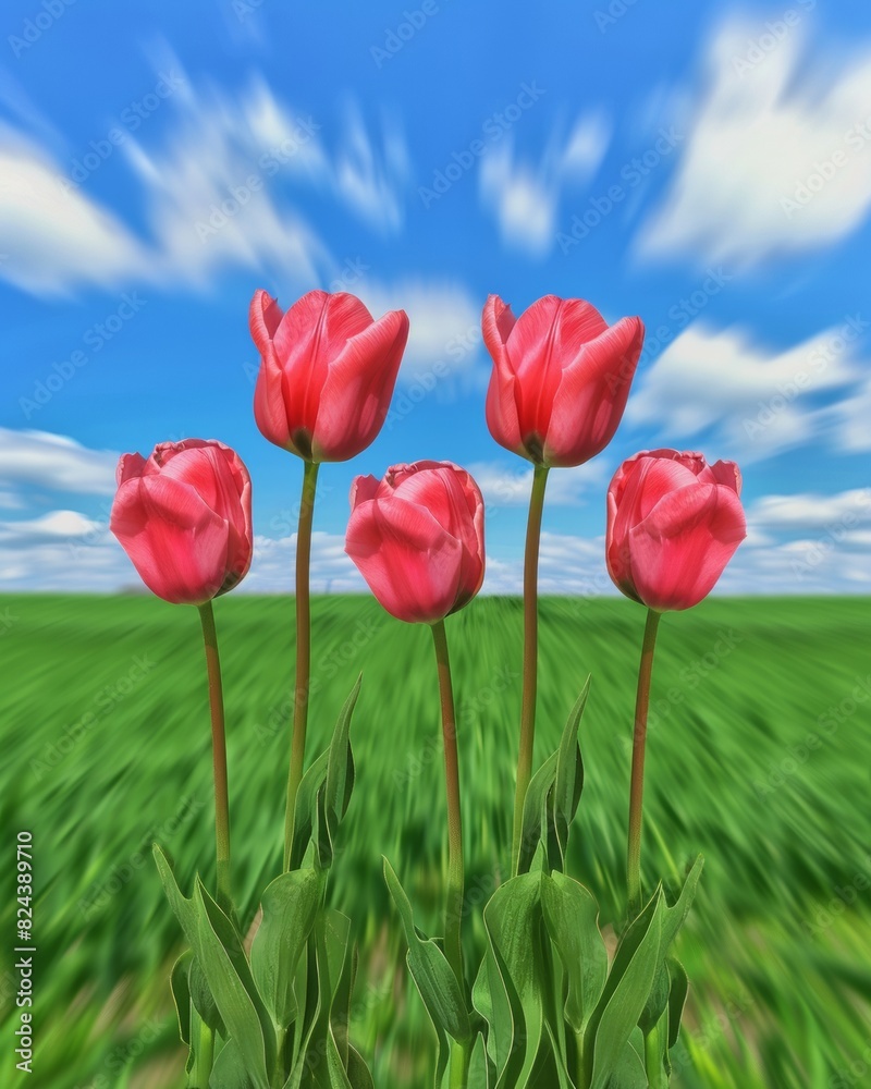Poster abstract blurry image of three red tulips in a symmetrical green field under blue sky: a study in lo