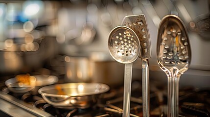 commercial photo, close-up, kitchen utensils, bottom view, soft light