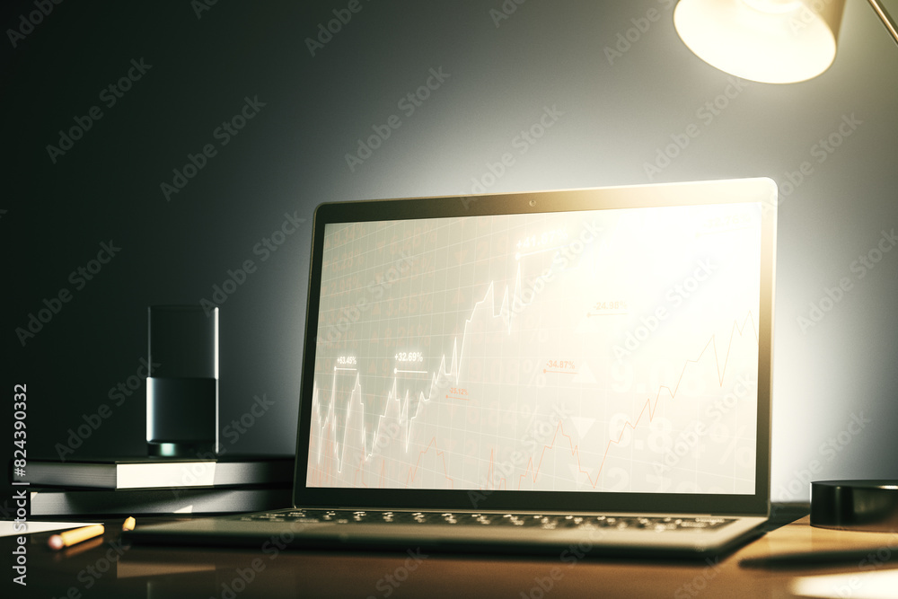 Poster Computer monitor with abstract financial graph, finance and trading concept. 3D Rendering