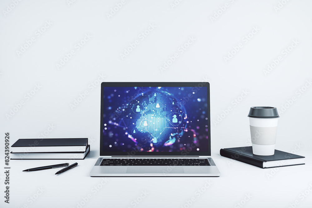 Aufkleber social network concept with world map on modern laptop screen. 3d rendering
