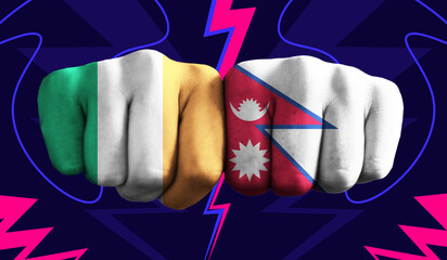 Ireland VS Nepal T20 Cricket World Cup 2024 concept match template banner vector illustration design. Flags painted on hand with colorful background