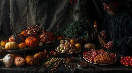 Bountiful Autumn Harvest Feast Against Sparse Backdrop