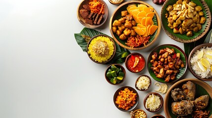 Fototapeta premium Authentic Indonesian Cuisine Spread in High Definition 8K Top View on White Background