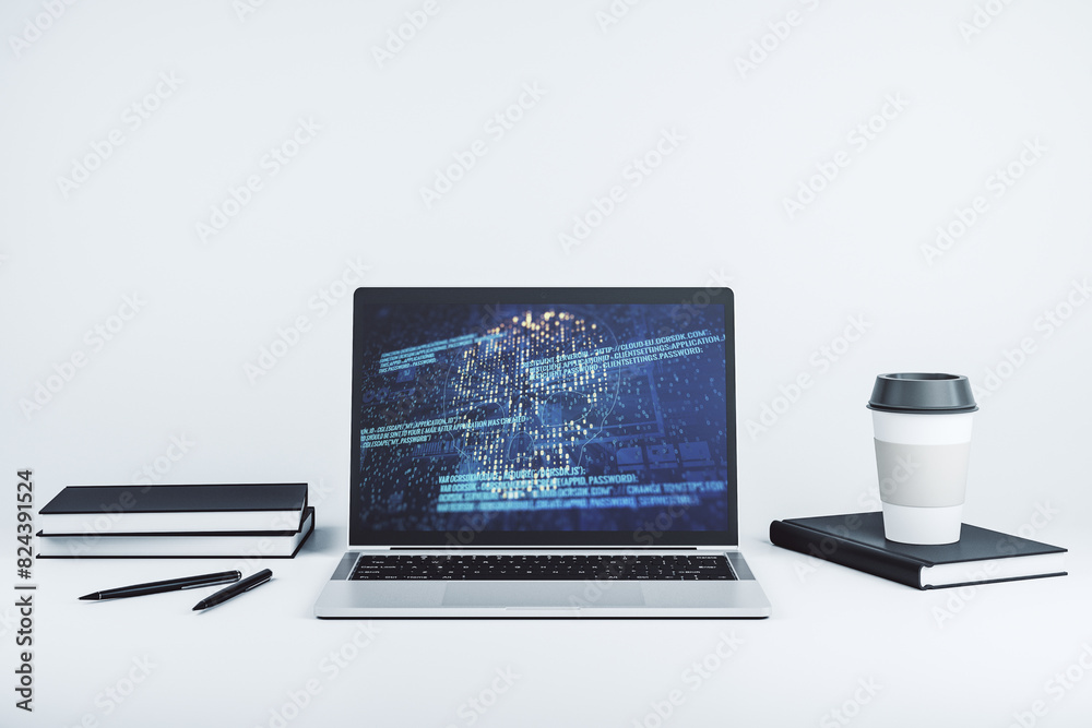 Poster Creative code skull sketch on modern laptop monitor, theft of personal data and malware concept. 3D Rendering