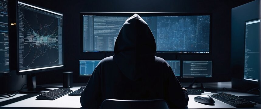 hacking with a mesmerizing depiction of an anonymous hacker, their back presented in a half-turn, wearing a hoodie, seated in front of a commanding monitor, engrossed in the process of deciphering
