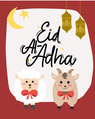 Eid Al adha vector Greetings card cute Kawaii goats and sheep 