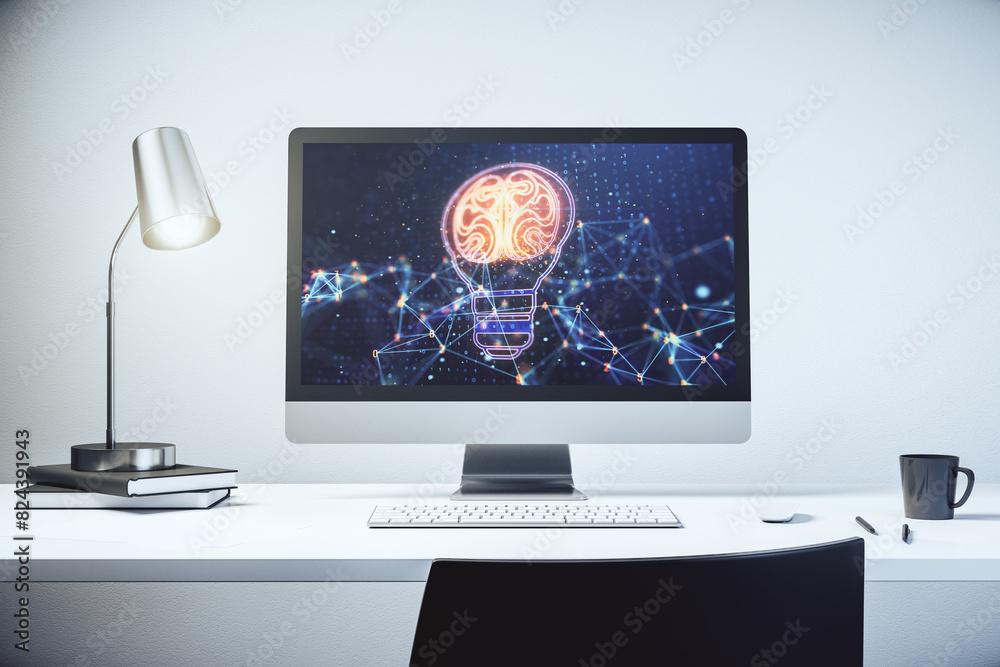 Fototapete creative idea concept with light bulb and human brain illustration on modern laptop screen. neural n