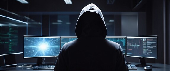hacking with a mesmerizing depiction of an anonymous hacker, their back presented in a half-turn, wearing a hoodie, seated in front of a commanding monitor, engrossed in the process of deciphering
