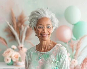 Confident Senior Woman with Bold Minimalist T-Shirt Graphic in a Brightly Decorated Room, Conveying Inner Strength and Self-Assurance