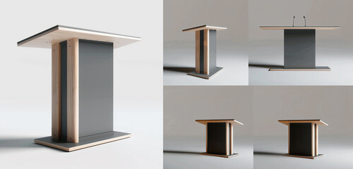 Ultra realistic 3D render of a simple, modern lectern in multiple perspectives. High-definition mockup.