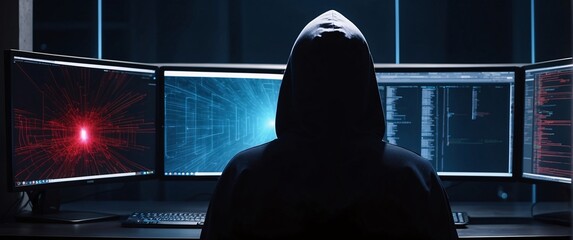hacking with a mesmerizing depiction of an anonymous hacker, their back presented in a half-turn, wearing a hoodie, seated in front of a commanding monitor, engrossed in the process of deciphering
