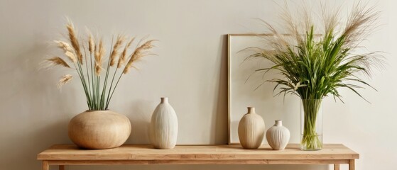 Fototapeta premium minimalist wooden shelf against a plain white wall