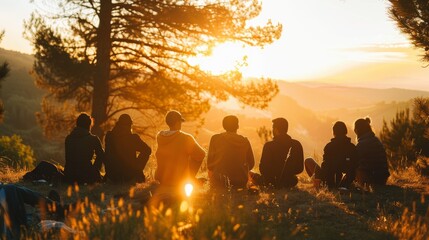 Group of friends sitting together on a hillside enjoying a beautiful sunset in the great outdoors, surrounded by trees and natural beauty. - Powered by Adobe