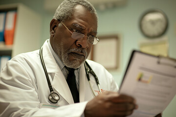 A man in a white lab coat is reading a piece of paper. He is wearing glasses and has a serious look on his face