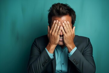 Stressed businessman covering face with hands. Emotion, corporate stress, anxiety theme. Vibrant teal background.