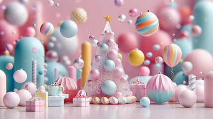 Vibrant pastel Christmas scene with ornate tree, gifts, and decorations in a whimsical, festive setting capturing holiday joy.