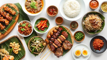 Authentic Indonesian Cuisine - Top View of Varied Dishes on Plain White Background in HD 8K Resolution