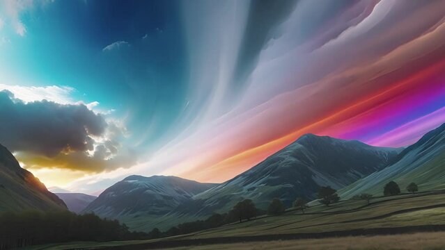 A surreal landscape resembling a painting with stratospheric clouds adding a touch of magic to the already beautiful mountains.