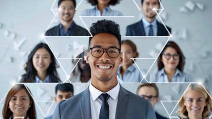 Fototapeta premium Diverse group of business professionals with a smiling man wearing glasses in the foreground, representing teamwork and leadership.