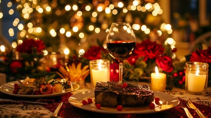 Festive holiday dinner setup with steak, red wine, and candles, perfect for Christmas celebration in a beautifully decorated, cozy setting.