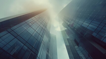 Futuristic skyscraper view from below with reflective glass windows reaching towards a cloudy sky, capturing modern architecture and urban design.