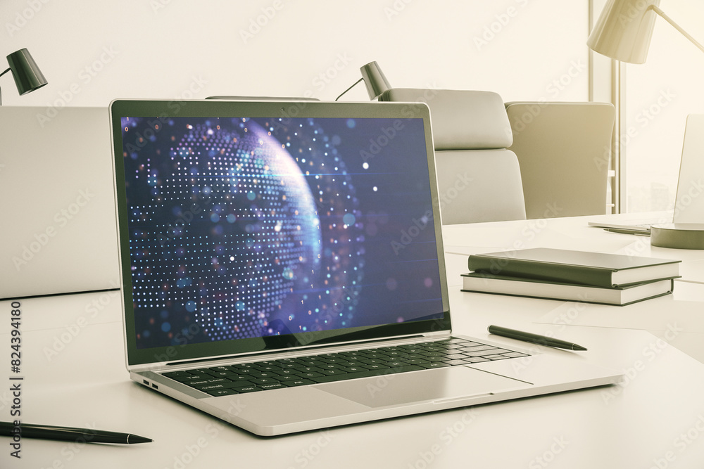 Poster Abstract graphic world map on modern laptop screen, connection and communication concept. 3D Rendering